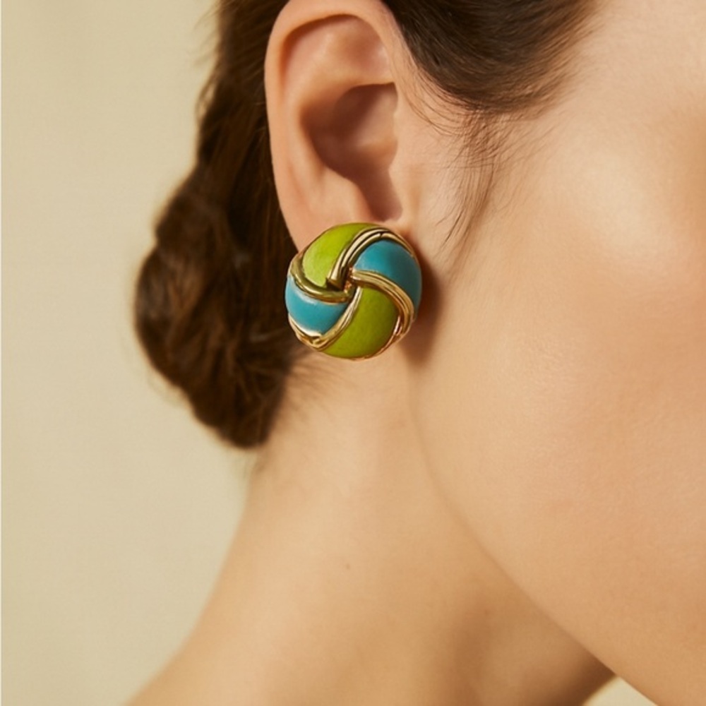 Gay Boyer Elegant Gold and Green-Blue Knot Earrings